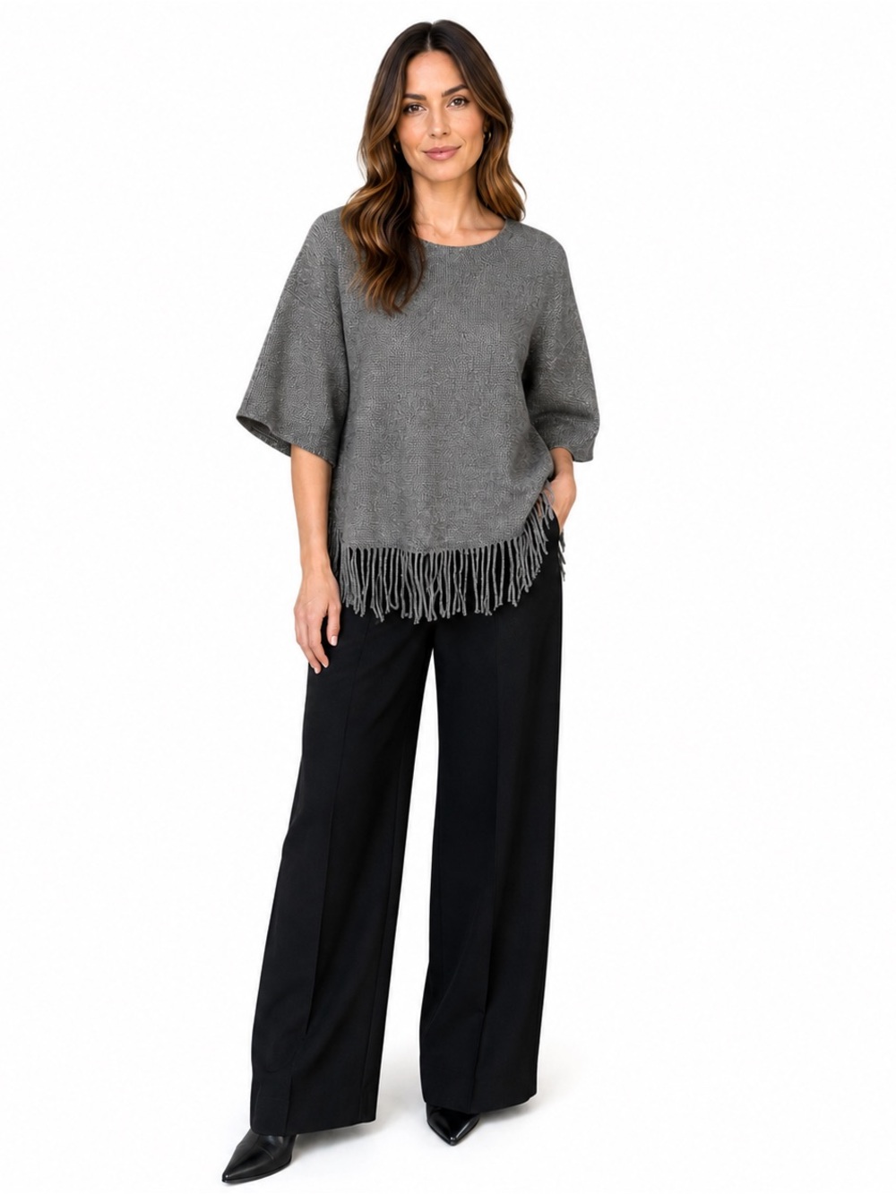 Notations Women's Scoop Neck Dolman Sleeve Bohemian Fringe Sweater Size Medium